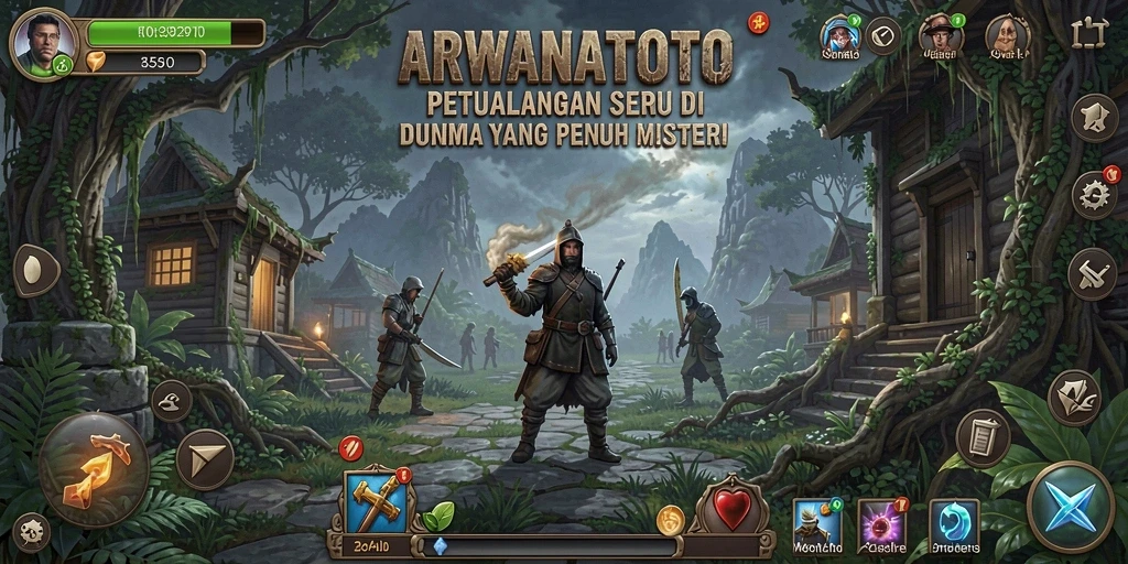 Tampilan menarik dari gameplay petualangan ARWANATOTO dengan elemen eksplorasi.
