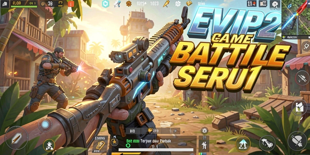 Screenshot utama EVIP2 menampilkan aksi pertempuran seru dalam mode Battle Royale.