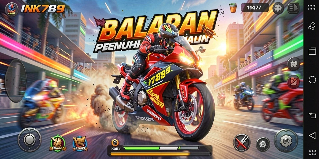 Screenshot gameplay di INK789 menampilkan aksi balapan motor yang menegangkan.