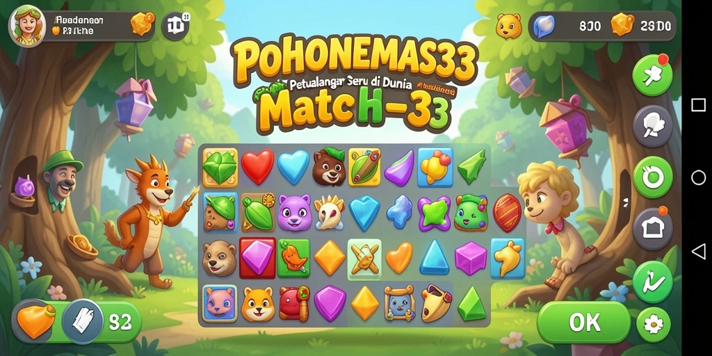 Screenshot gameplay seru dari POHONEMAS33 dengan elemen Match-3 yang ceria.