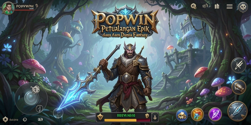 Screenshot gameplay POPWIN menampilkan pertempuran seru dan dunia fantasi yang menakjubkan.