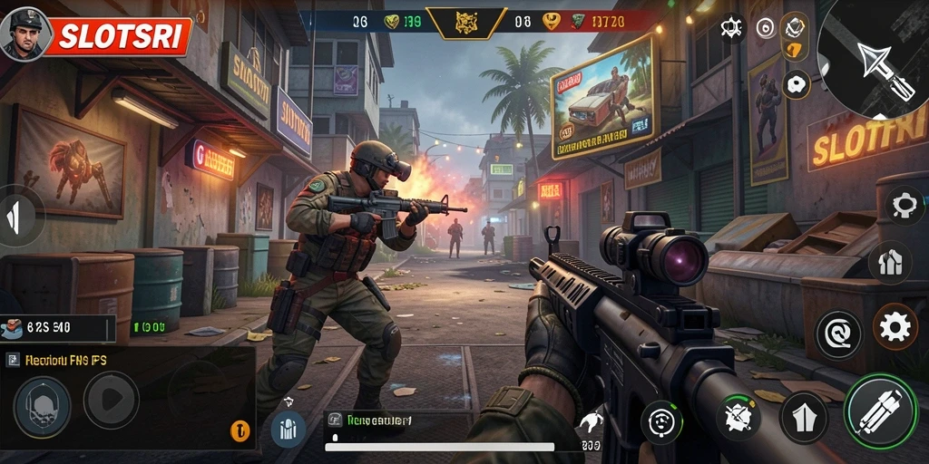 Tampilan gameplay epik SLOTSRI dengan aksi FPS yang intens.