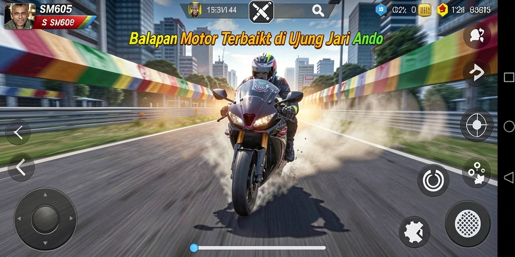 Tampilan gameplay balapan motor yang mendebarkan di SM605.
