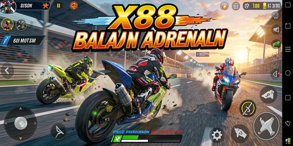 Tampilan gameplay X88 yang seru dengan balapan motor menegangkan.