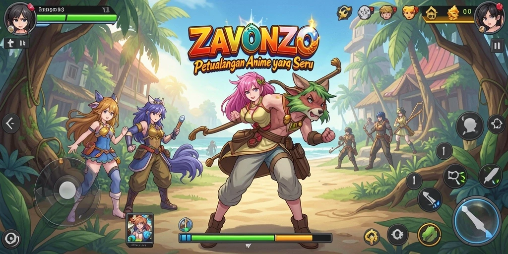Tangkapan layar ZAVONZO menampilkan aksi epic dalam suasana anime yang ceria.